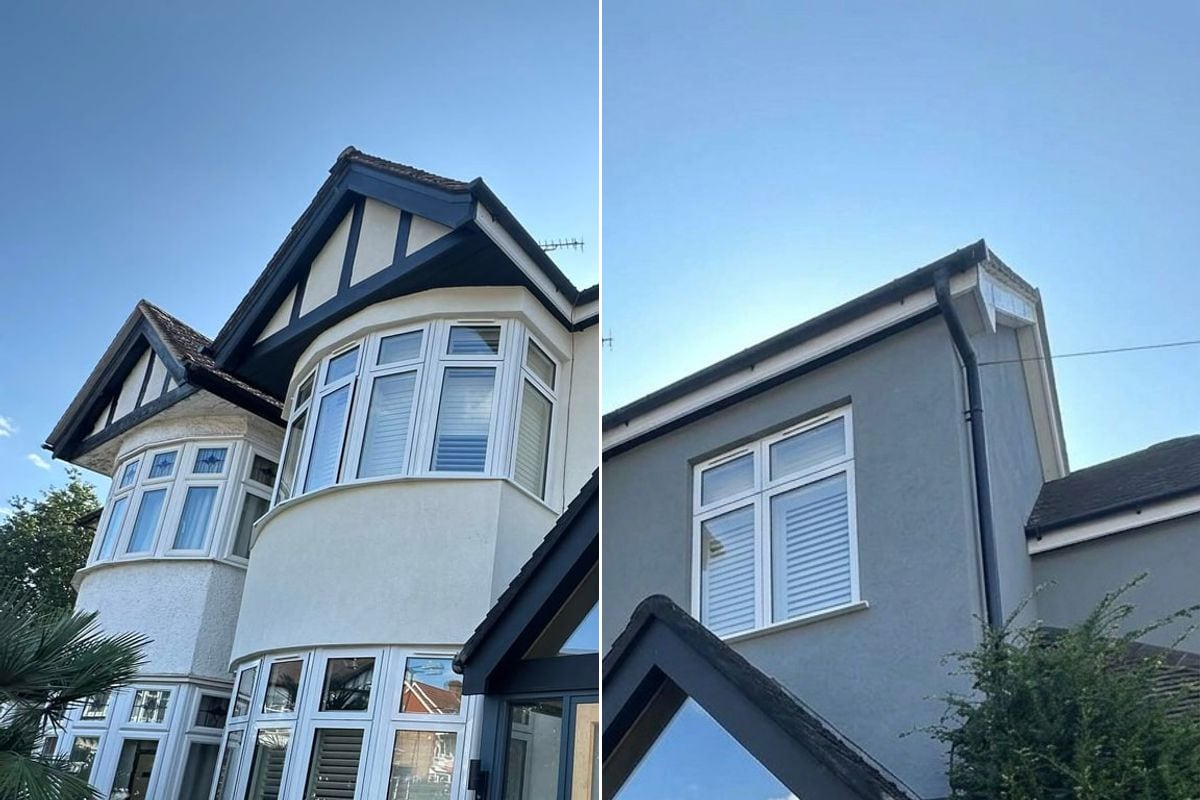 A 1930s semi shown half in its original white render and half in Slate